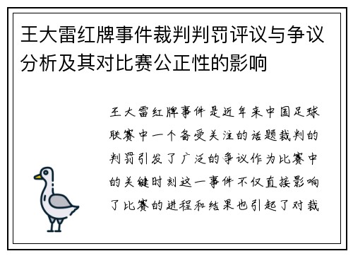 王大雷红牌事件裁判判罚评议与争议分析及其对比赛公正性的影响 王大雷红牌事件裁判判罚评议与争议分析及其对比赛公正性的影响