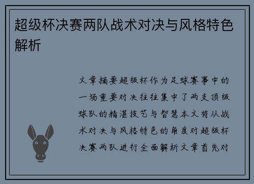 超级杯决赛两队战术对决与风格特色解析